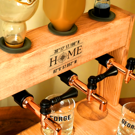 a wooden shelf with whiskey bottles and glasses