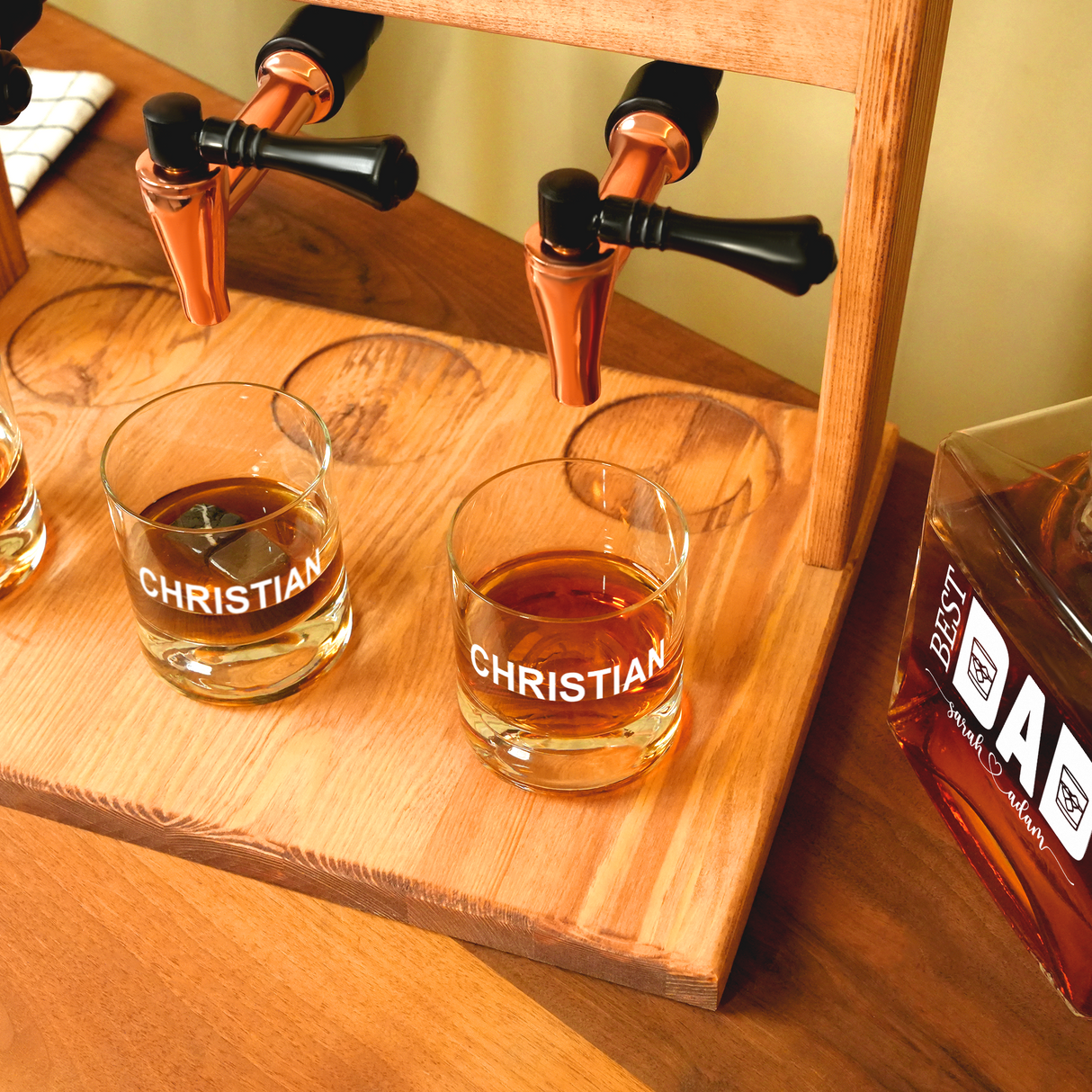 Personalized Wooden Whiskey Alcohol Dispenser with Glasses, Anniversary Gift for Him, Groomsmen Gift Idea, Dad Birthday Gift, Man Cave Decor