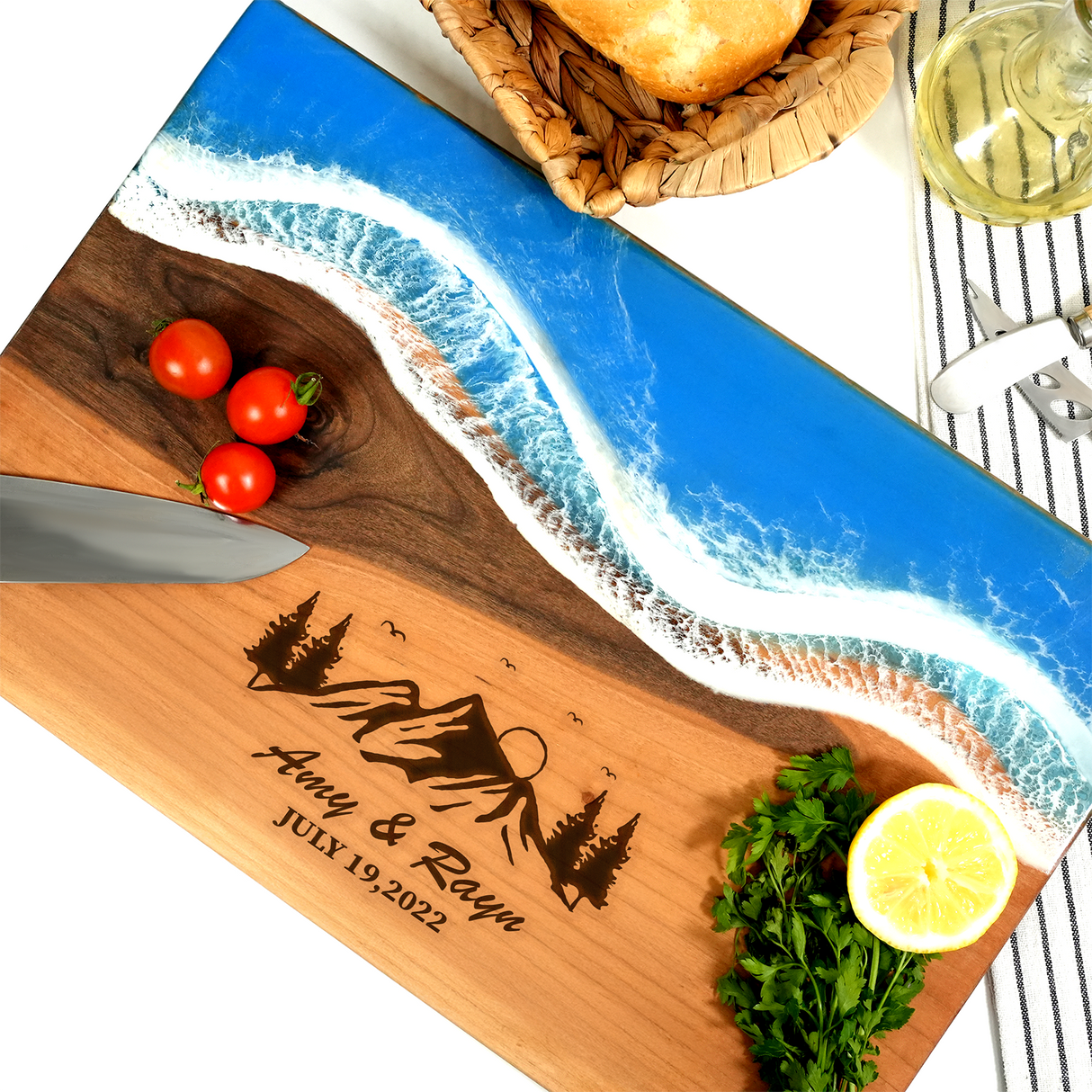 Epoxy Resin Live Edge Charcuterie Board, Wedding Gifts, Personalized Newly Wed Gifts, Engagements Gift, Anniversary Gift for Couple, Wedding