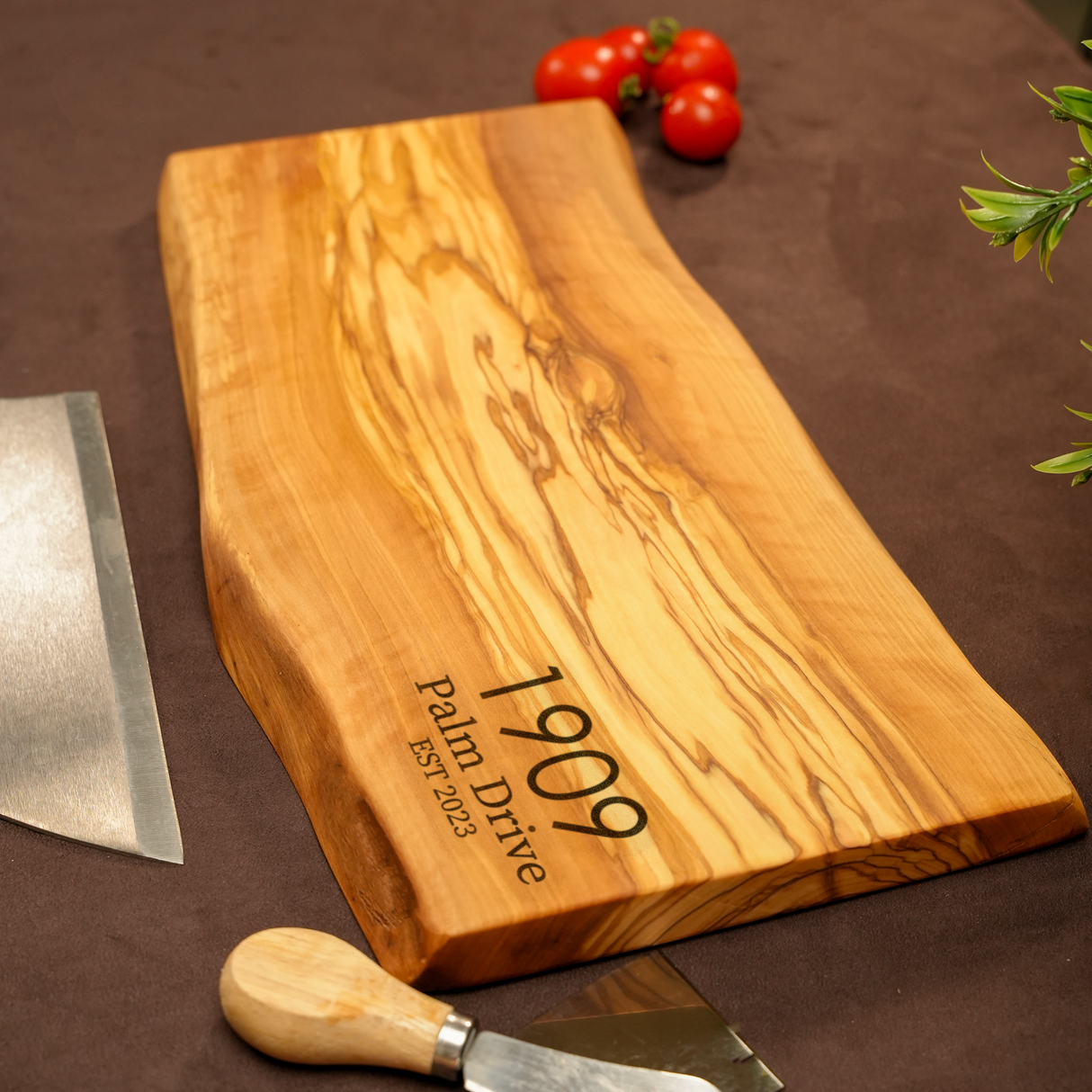 Olive Wood Personalized Cheese Serving Board: Live Edge for Housewarming Gift