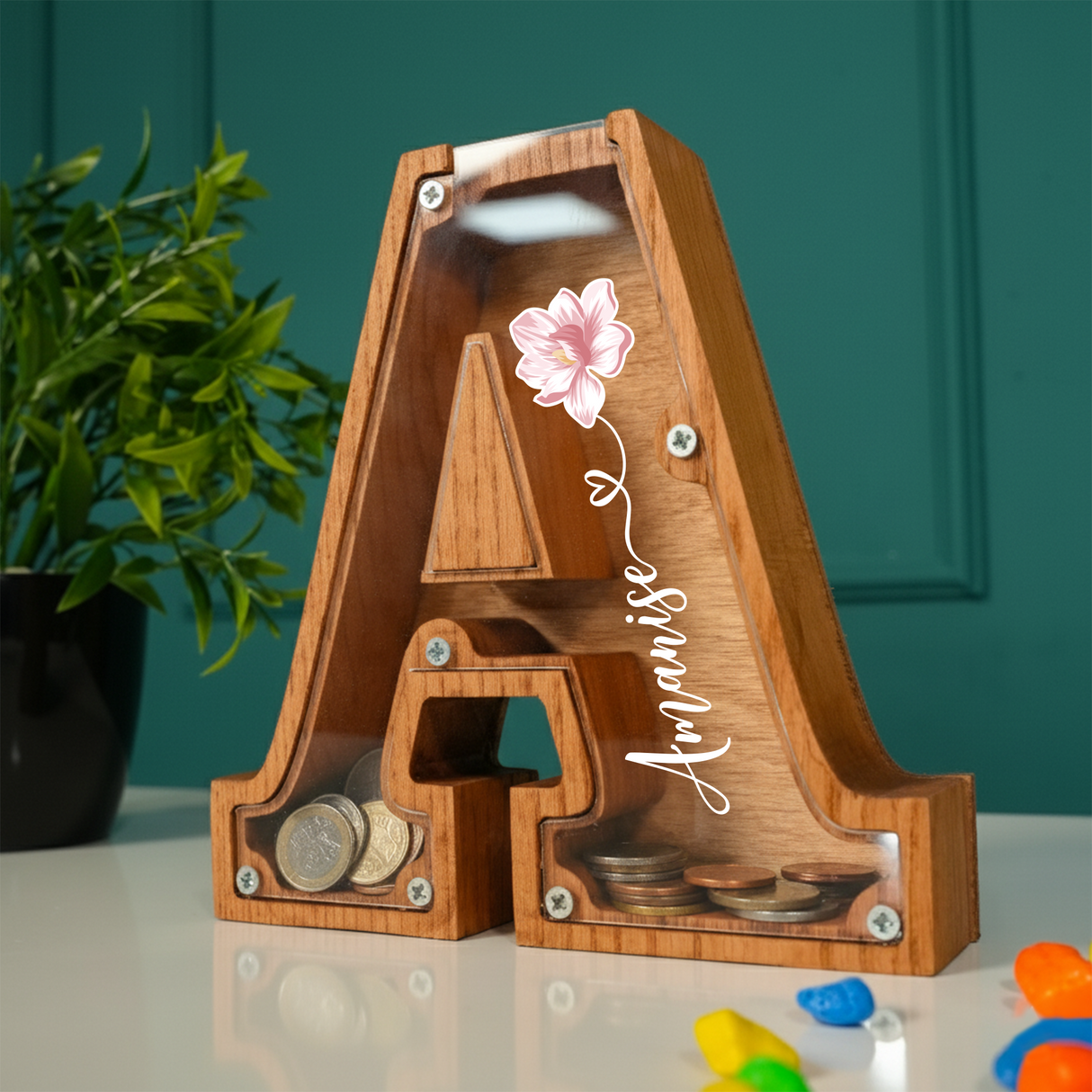 Birth Flower Letter Piggy Bank with Name: Personalized Wooden Gift for Baby Girls