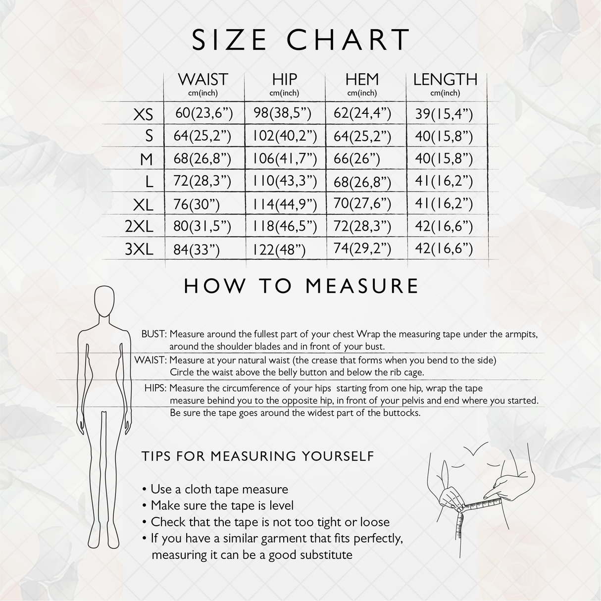 Size chart for clothing with measurements in inches and centimeters, including a diagram on how to measure.