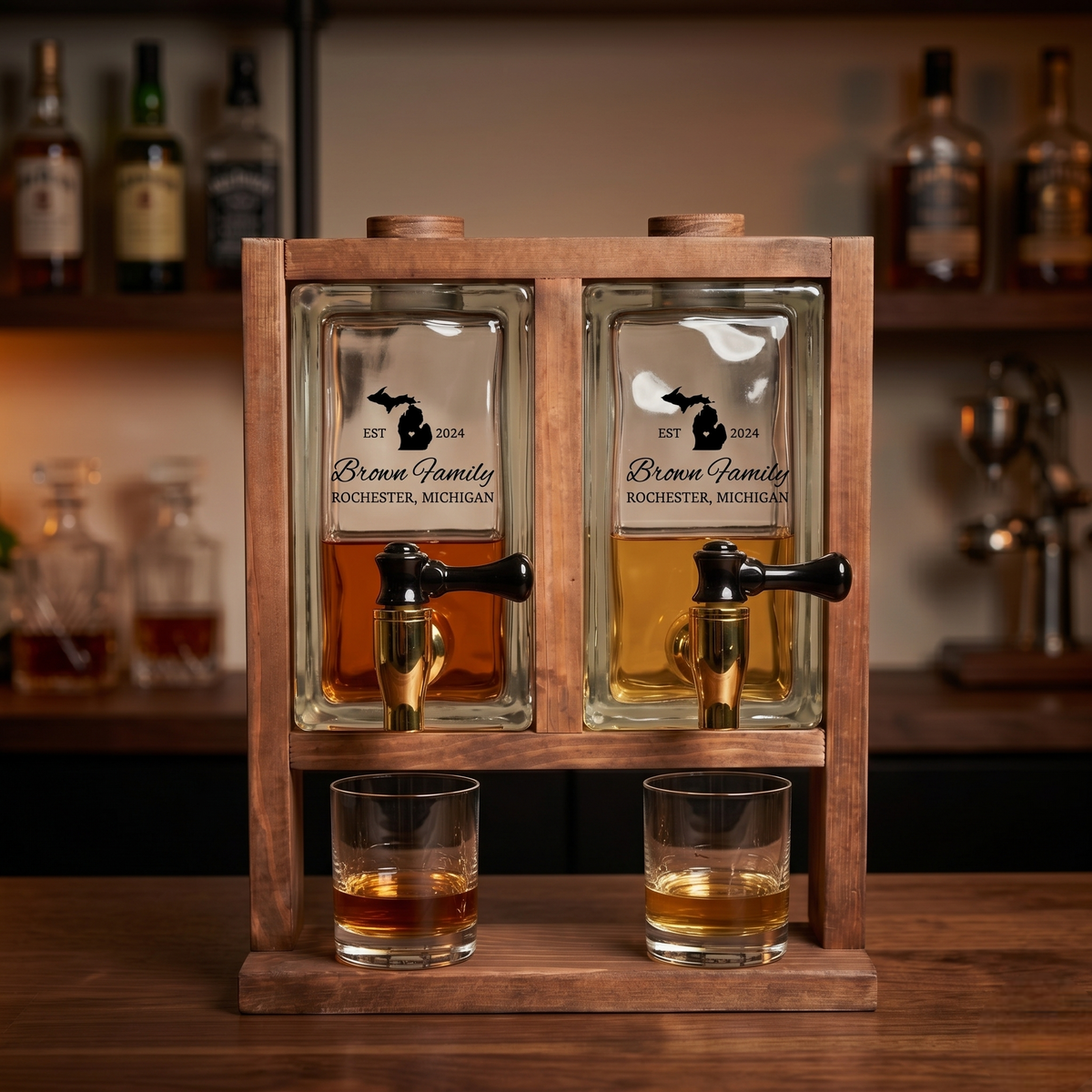 Countertop Whiskey Dispenser with Custom Glass | Wooden Bar Stand
