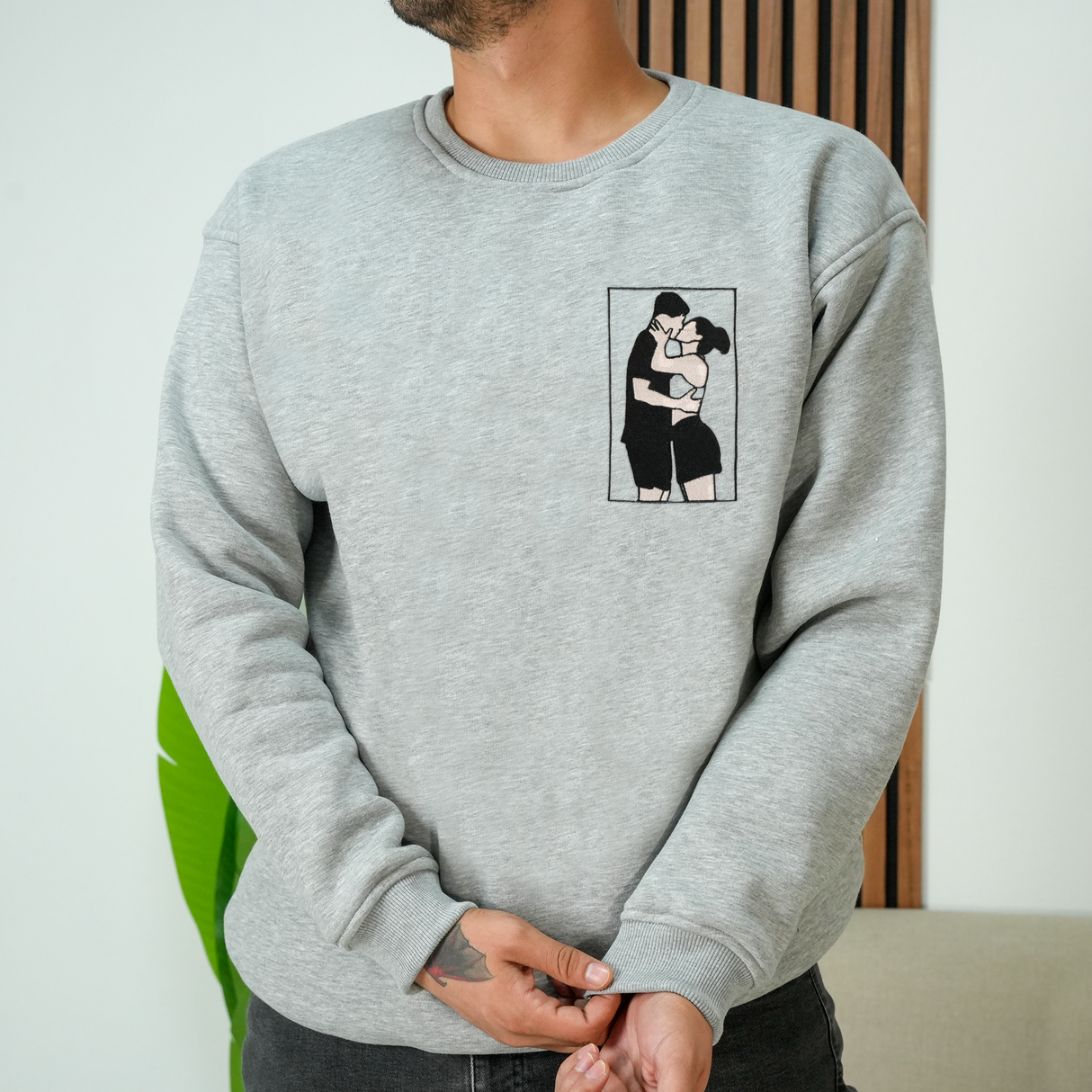 Custom Couple Portrait Sweatshirt: Embroidered Family Photo with Initials on Sleeve, Christmas Gift