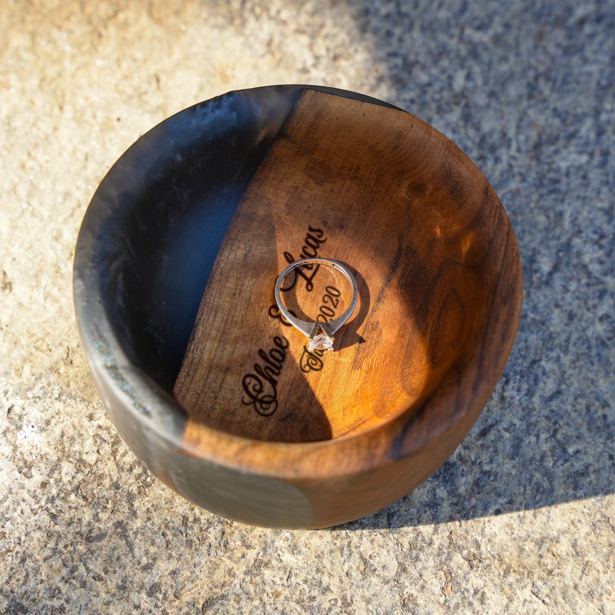 Personalized Resin Engagement Ring Dish: Custom Walnut Keepsake Bowl for Wedding Ceremony
