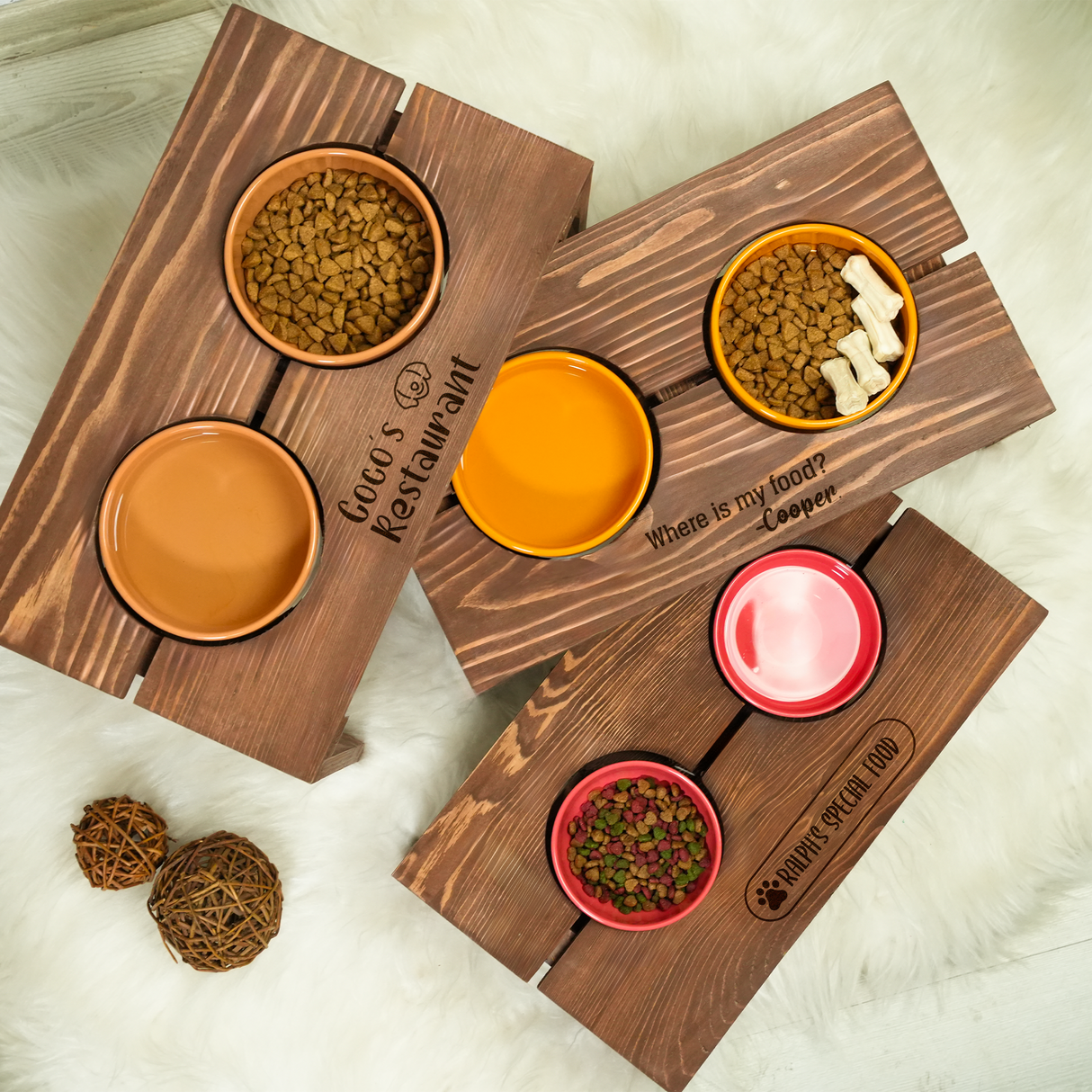 Elevated Dog Feeding Stand with Ceramic Bowls: Personalized Wooden Pet Station