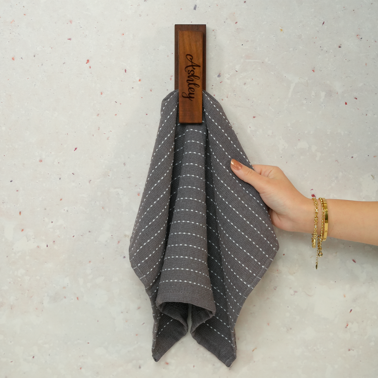 Personalized Wood Towel Holder with Metal Ball Grip: Modern Wall Mounted Coat Rack, Kitchen Decor