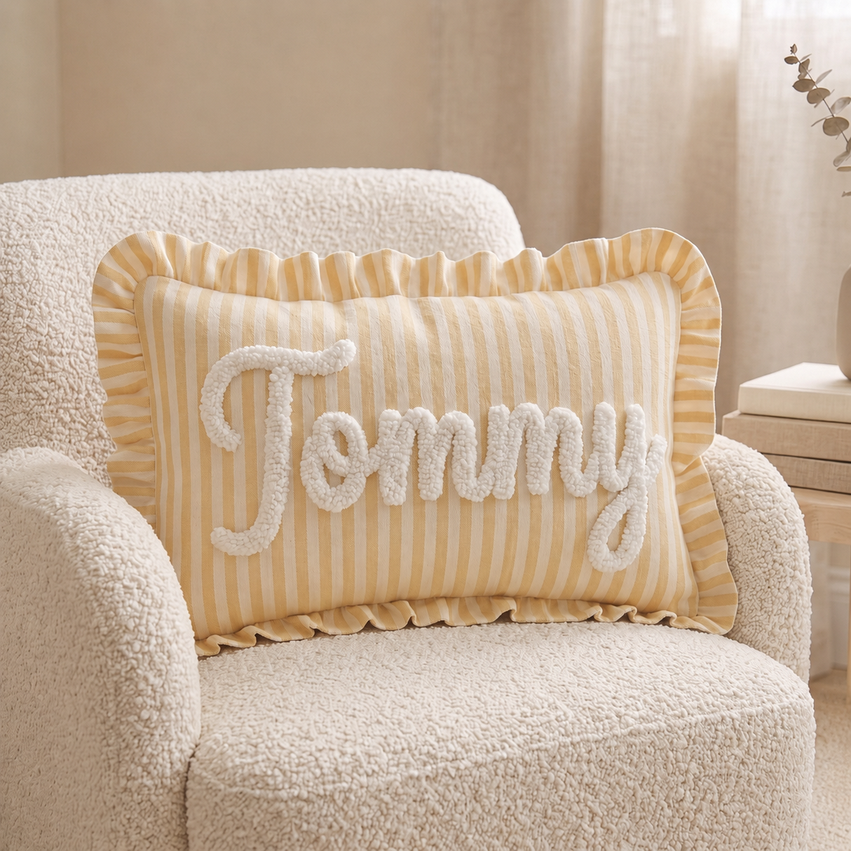 Striped Ruffle Custom Name Pillow, Personalized Nursery Cushion, Baby Newborn Gift