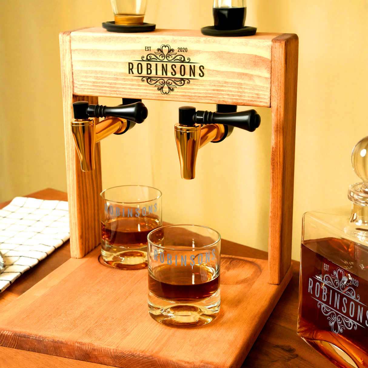 Personalized Home Bar Whiskey Dispenser, Wooden Liquor Decanter with Glasses, Gift for Husband, Anniversary Gift, Alcohol Whiskey Fountain