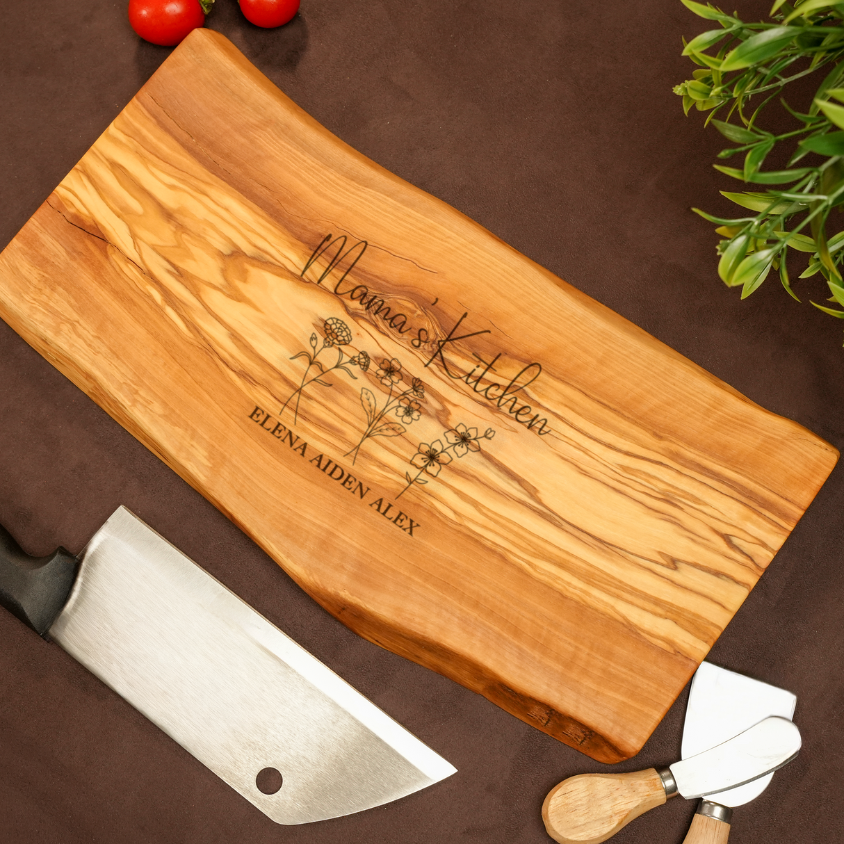 Grandma’s Garden Engraved Olive Wood Board: Live Edge Design with Grandkids Names