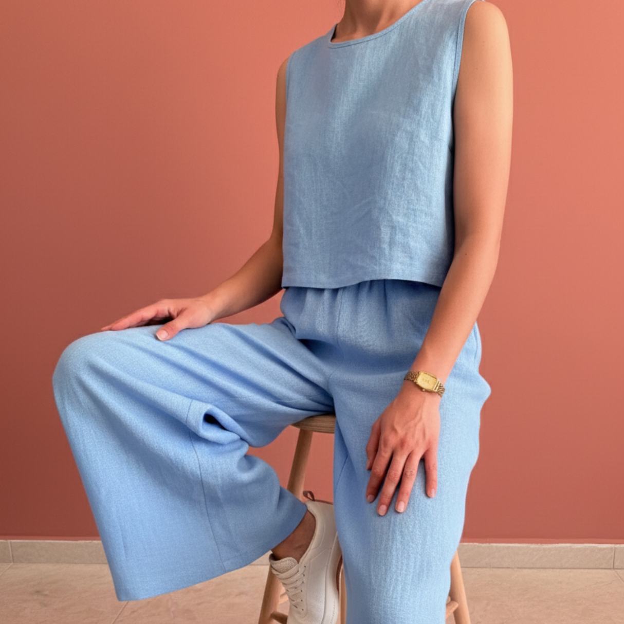 Linen Sleeveless Cropped Basic Top for Women: Minimalist Handmade Blouse