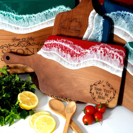 a cutting board with a knife, lemons, tomatoes and parsley