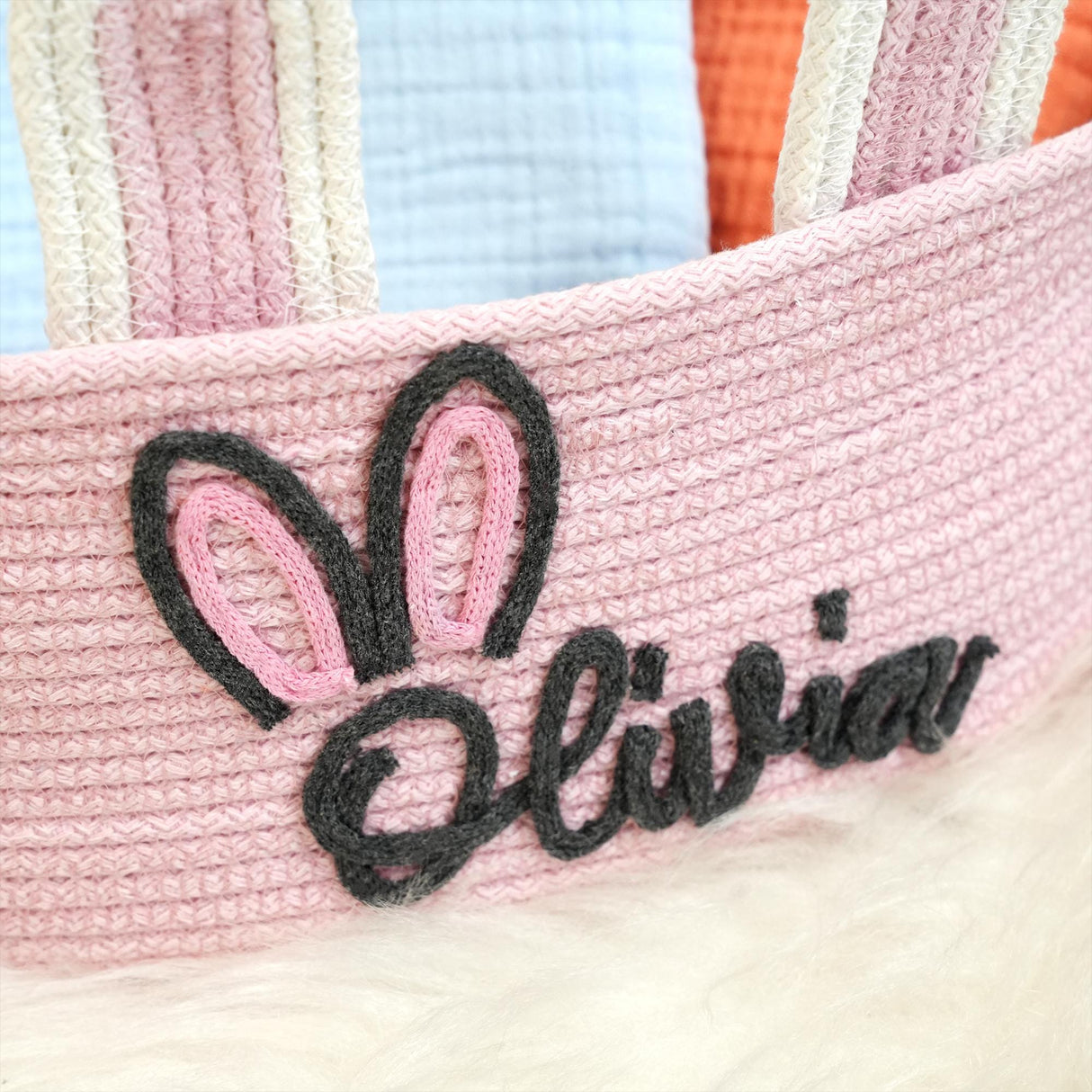 a close up of a basket with a name on it