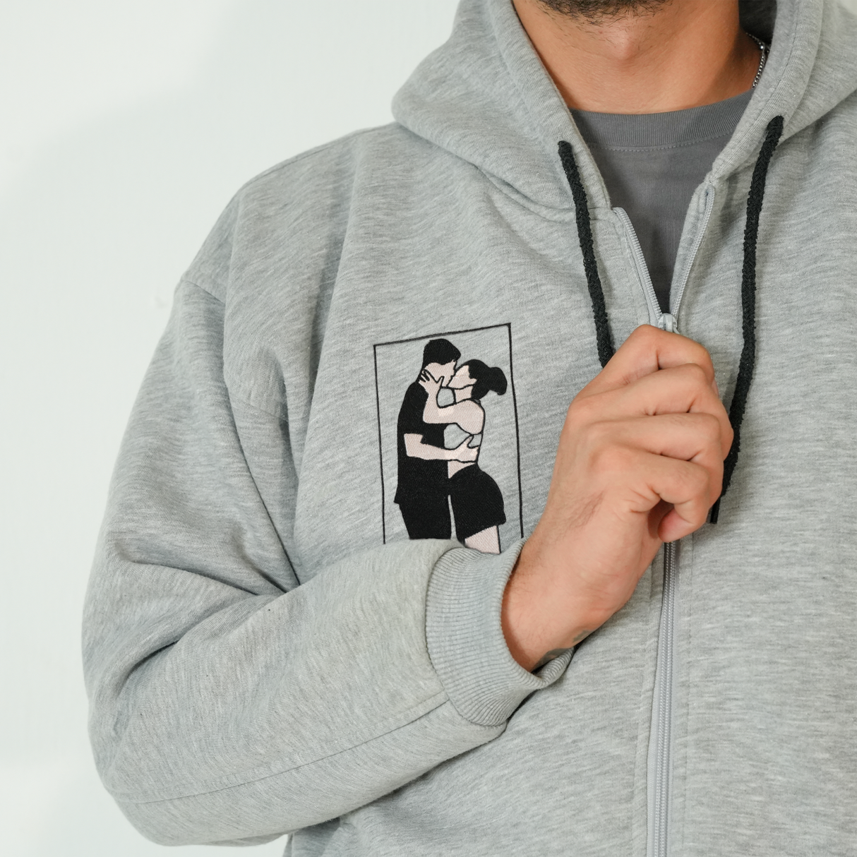 Custom Couple Portrait Sweatshirt: Embroidered Family Photo with Initials on Sleeve, Christmas Gift