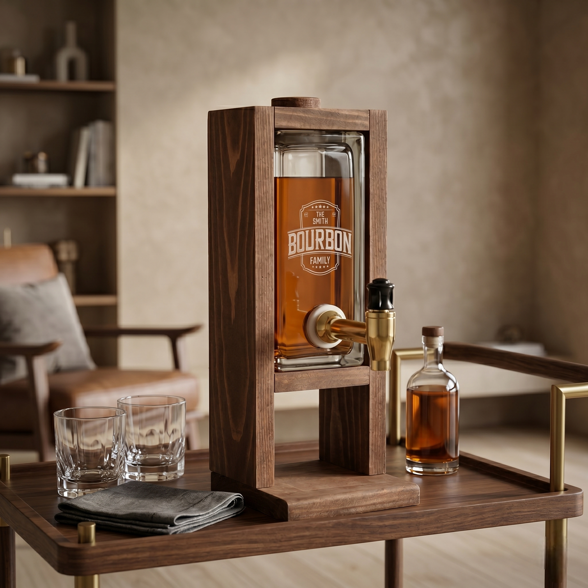 Personalized Whiskey Dispenser | Glass Liquor Server with Wooden Stand