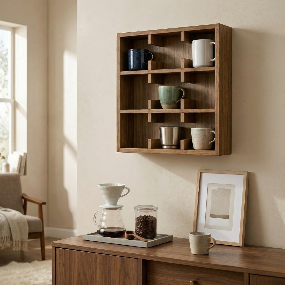 Coffee Mug Rack Wall Shelf: Modern Walnut Wood Tea Cup Organizer