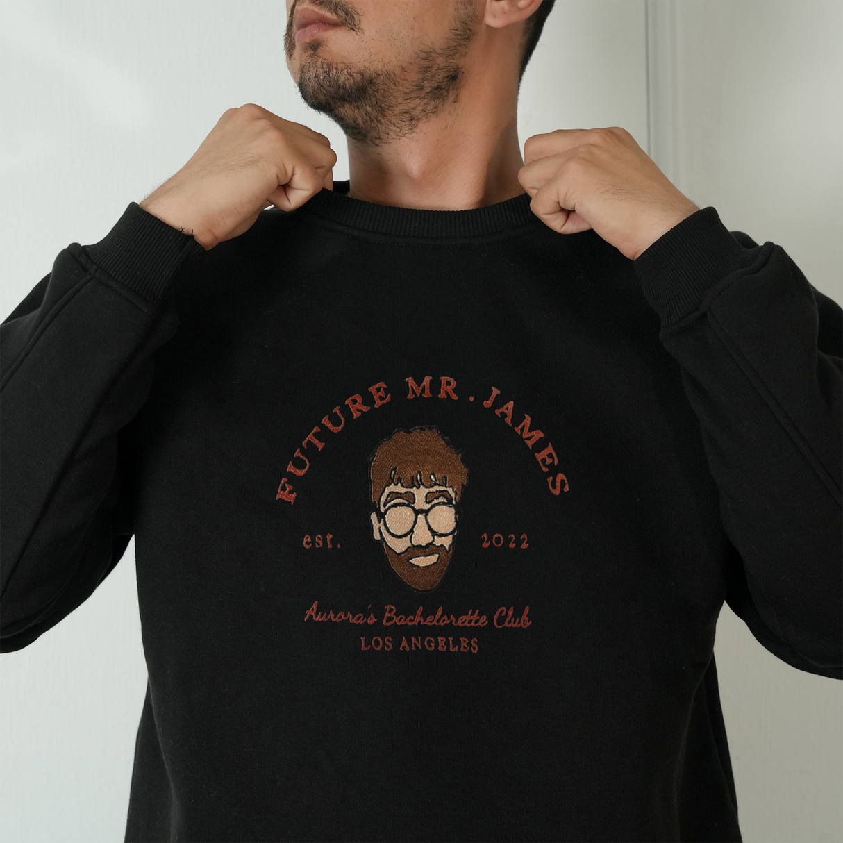 Embroidered Future Mr Last Name Sweatshirt: Custom Portrait Bachelorette Party Crewneck