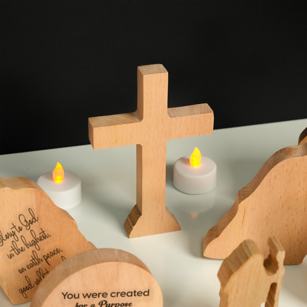 Wood Nativity Scene Full Set with Personalized Bible Verse: Holiday Home Decor