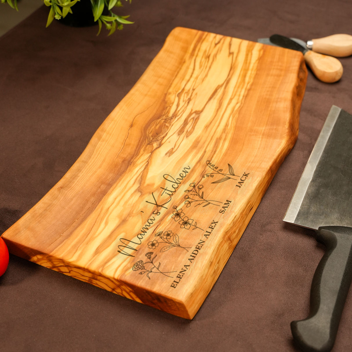 Grandma’s Garden Engraved Olive Wood Board: Live Edge Design with Grandkids Names