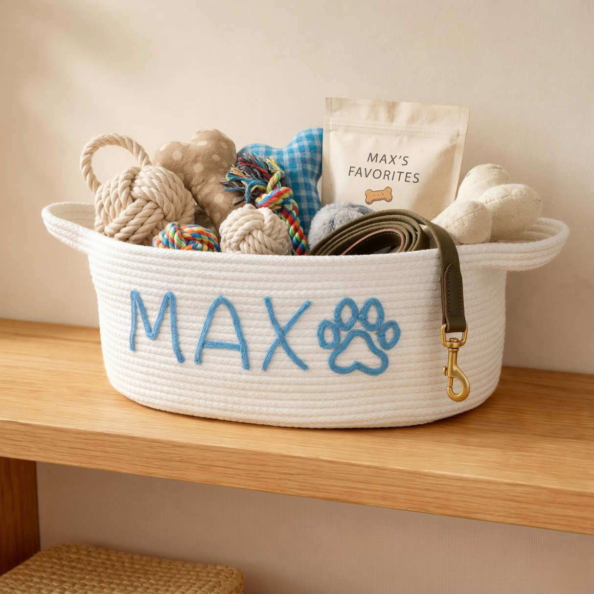 Custom Dog Name Rope Storage Basket: Puppy Toy Organizer, Pet Lover Gifts