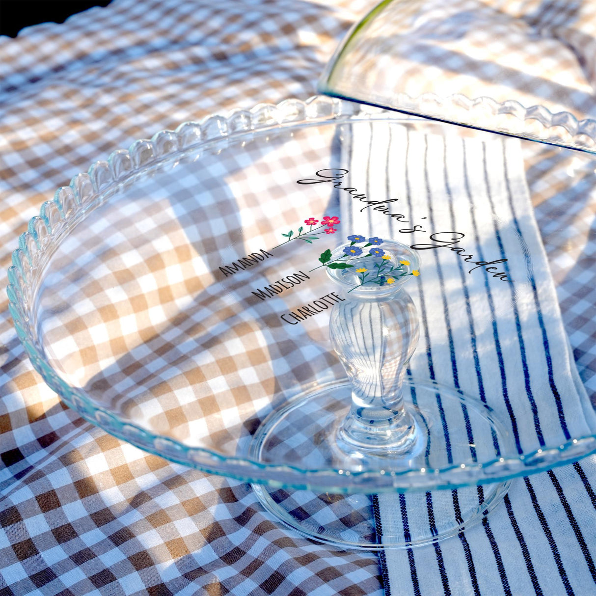 Grandma’s Garden Glass Cake Stand: Personalized Cake Dome, Clear Glass Platter for Family Kitchen