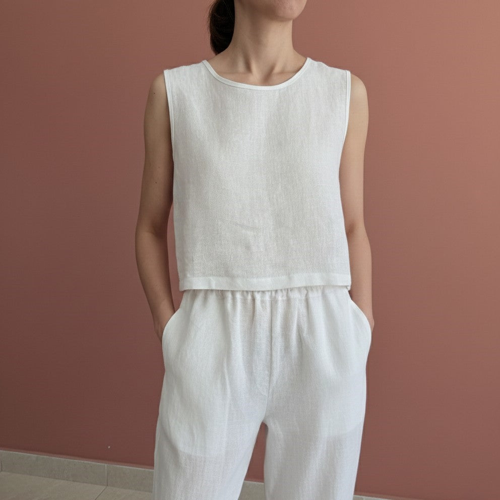Linen Sleeveless Cropped Basic Top for Women: Minimalist Handmade Blouse