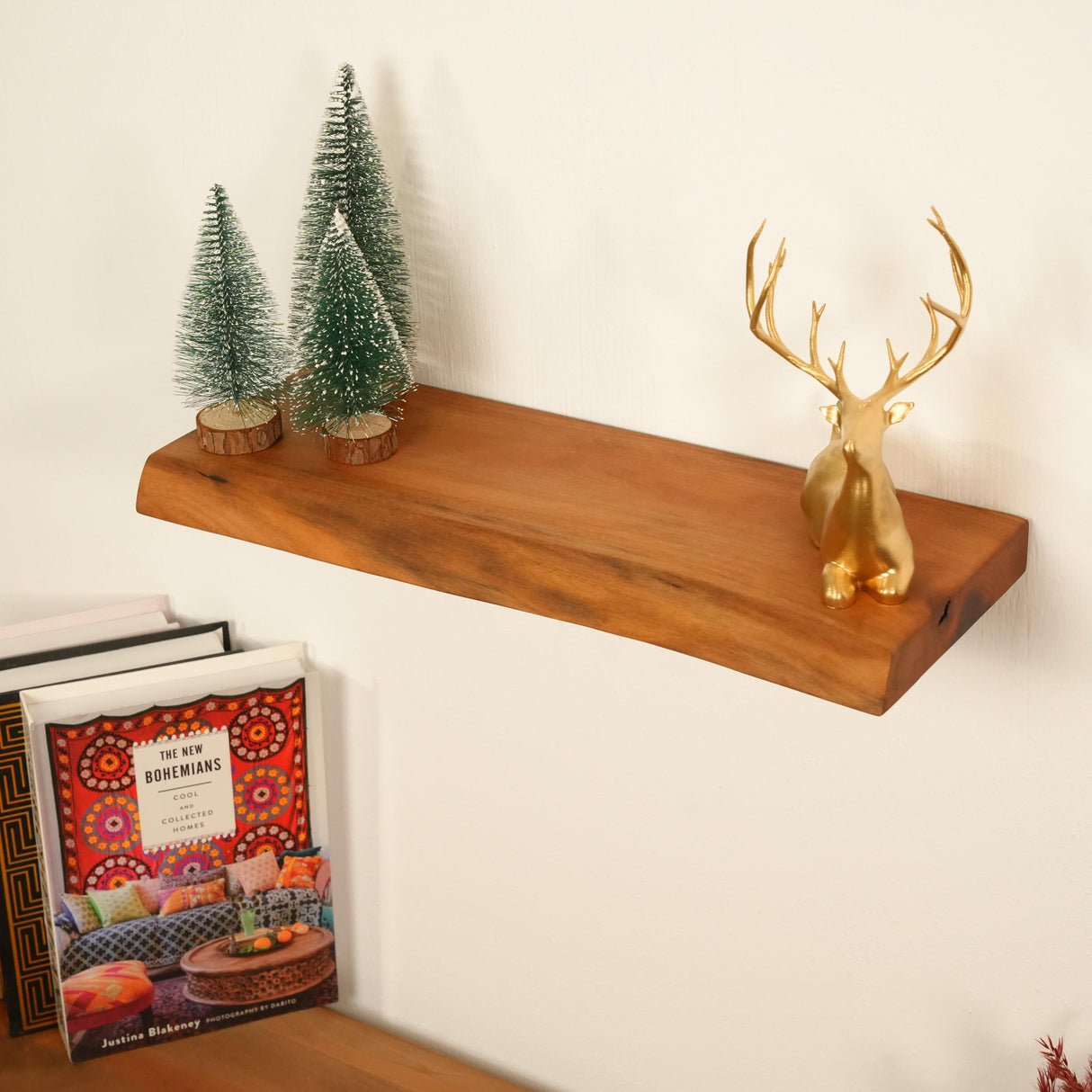 Live Edge Wooden Floating Shelf: Rustic Walnut Rack for the Kitchen or Living Room Decor