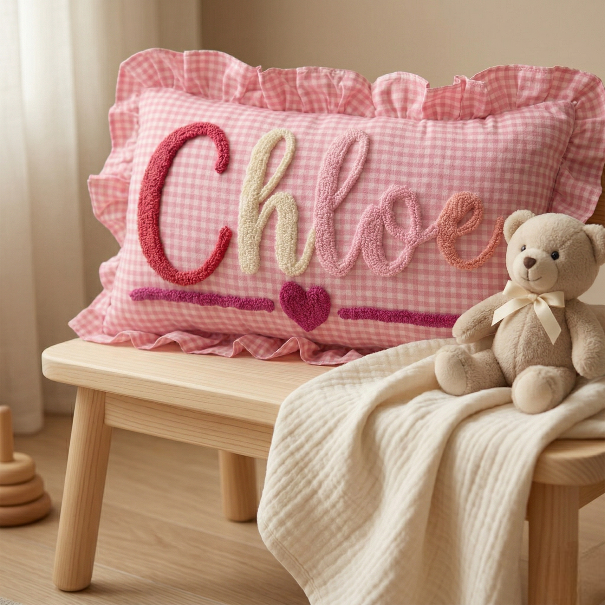 Personalized Name Punch Needle Ruffle Pillow: Custom Baby Monogram Gift