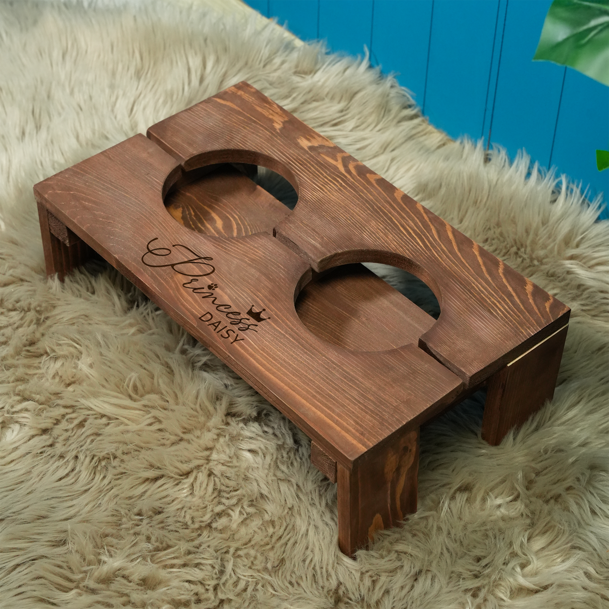 Elevated Dog Feeding Stand with Ceramic Bowls: Personalized Wooden Pet Station