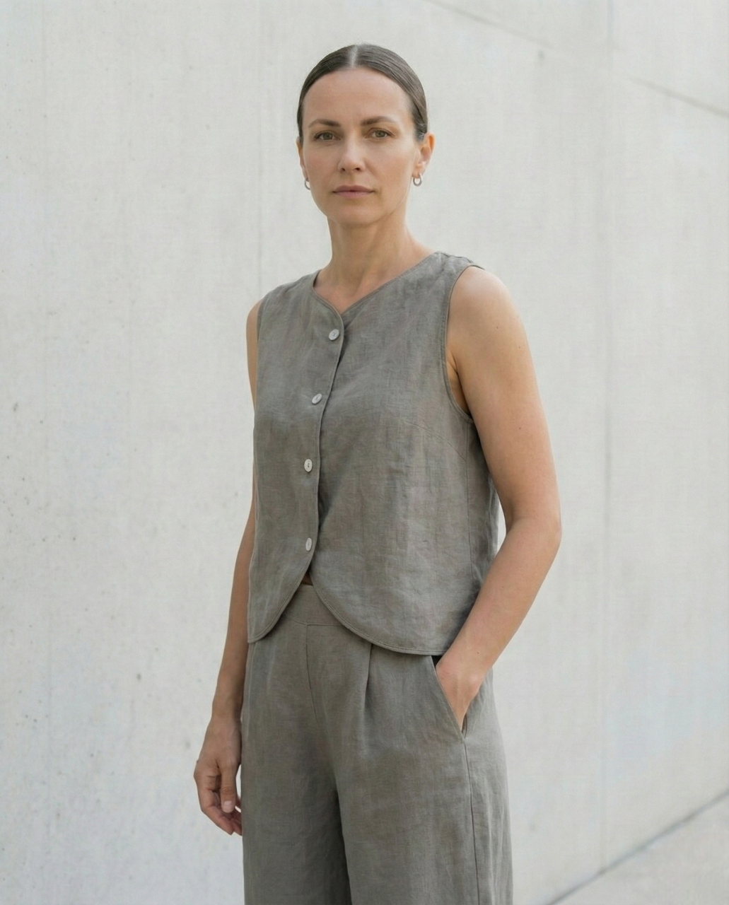 Sleeveless Linen Vest Top with Buttons: Cropped Womens Clothing
