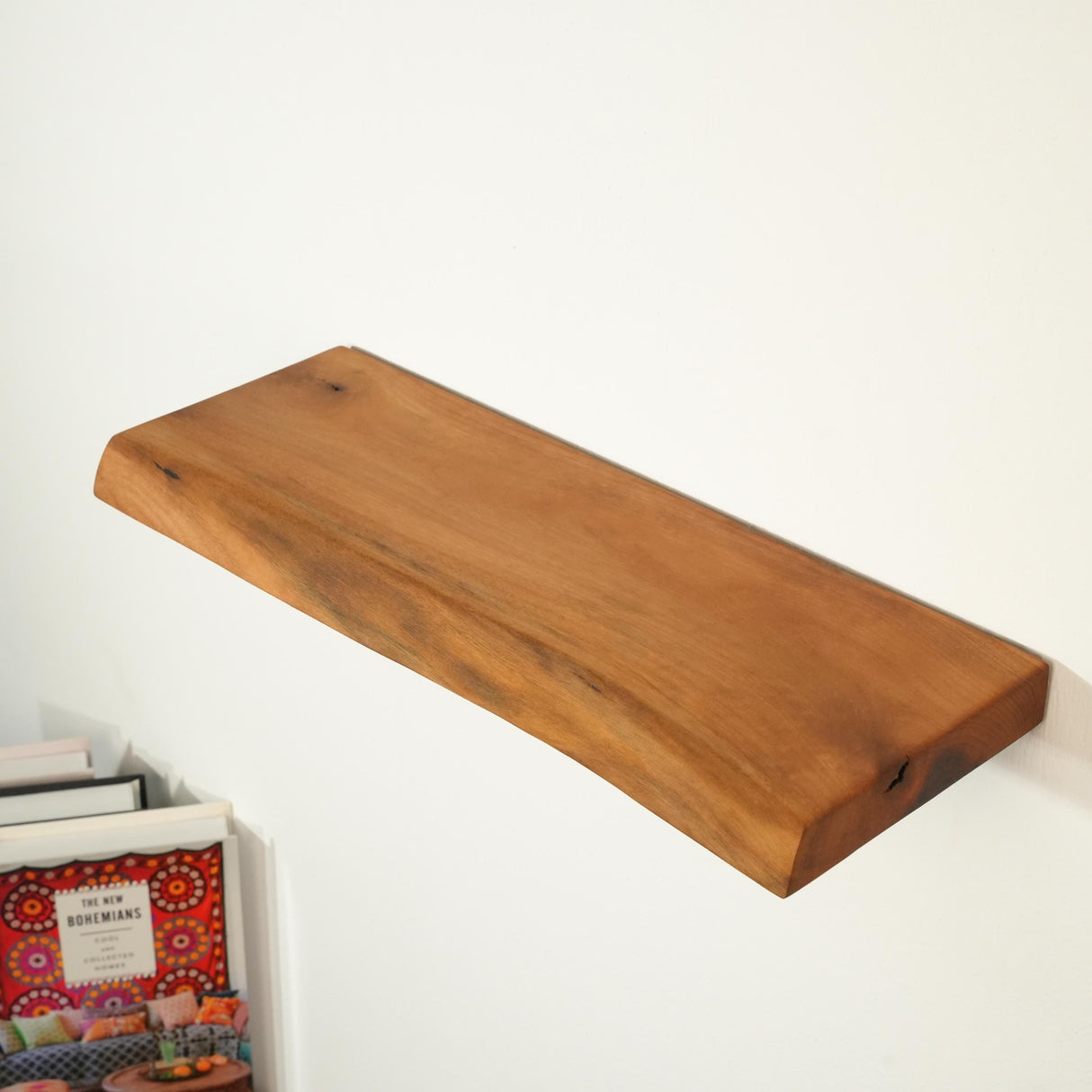 Natural Walnut Live Edge Floating Book Shelf: Wooden Wall Rack for Living Room Wall Decor