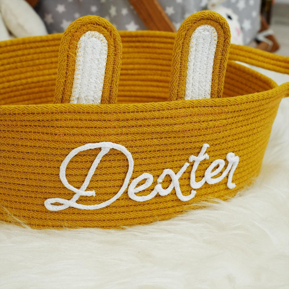 a close up of a basket on a bed
