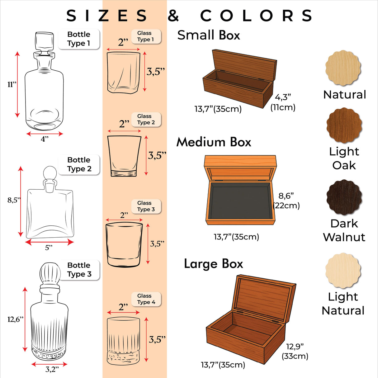 the sizes and colors of small boxes