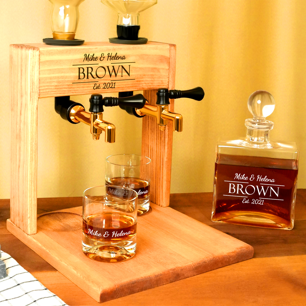 a wooden shelf with whiskey bottles and glasses