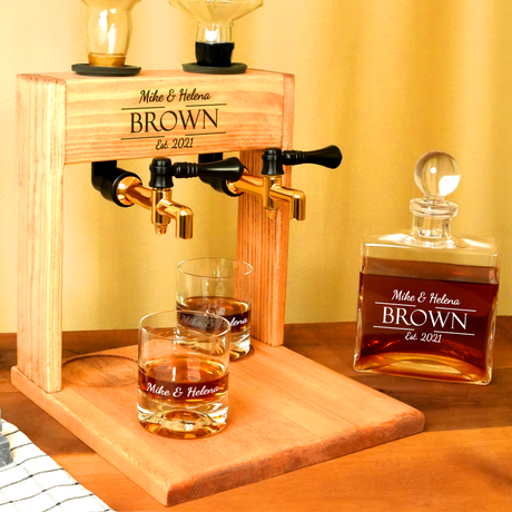 a wooden shelf with whiskey bottles and glasses