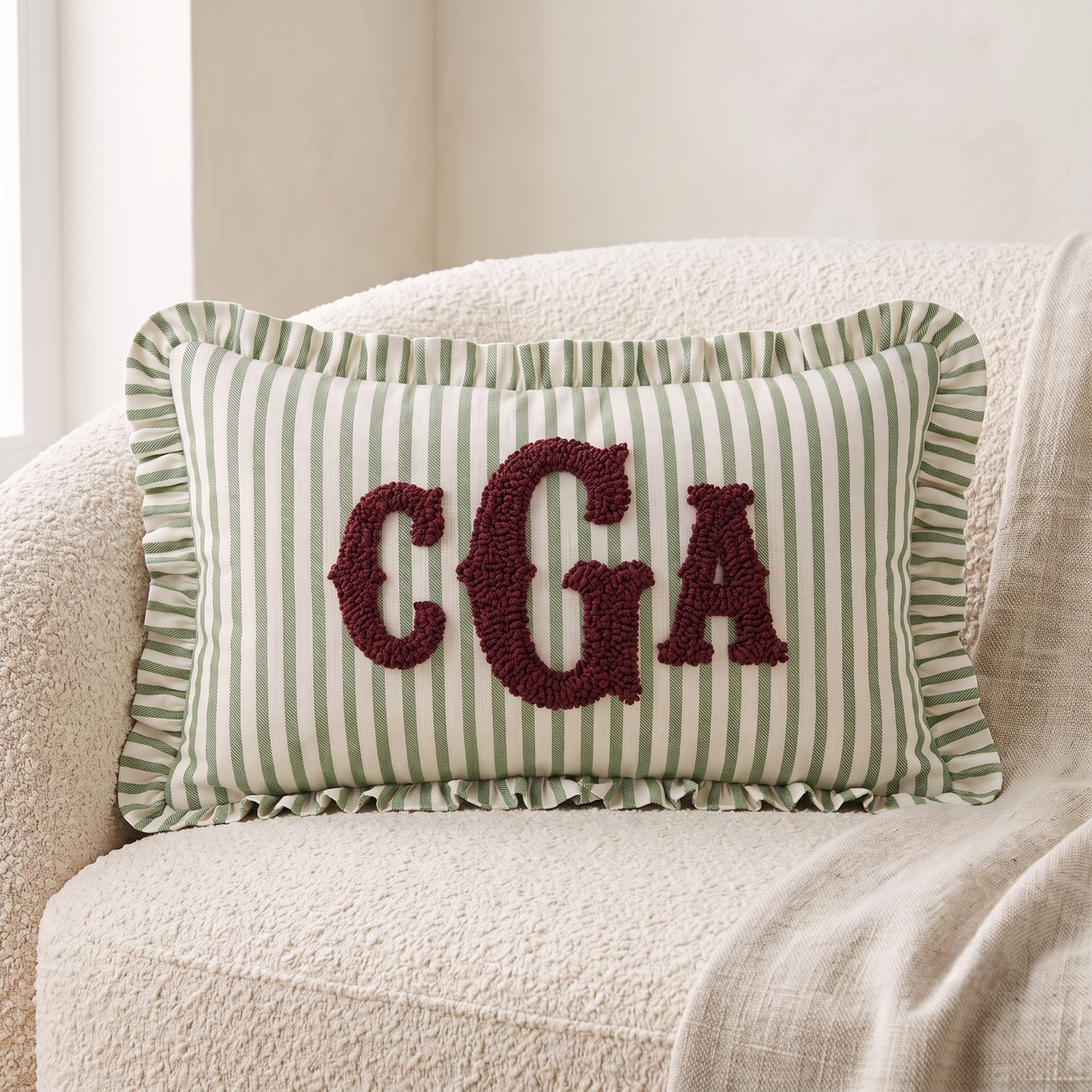 Monogram Custom Embroidered Pillow: Personalized College Gift Dorm Decor, Striped Ruffled Cushion
