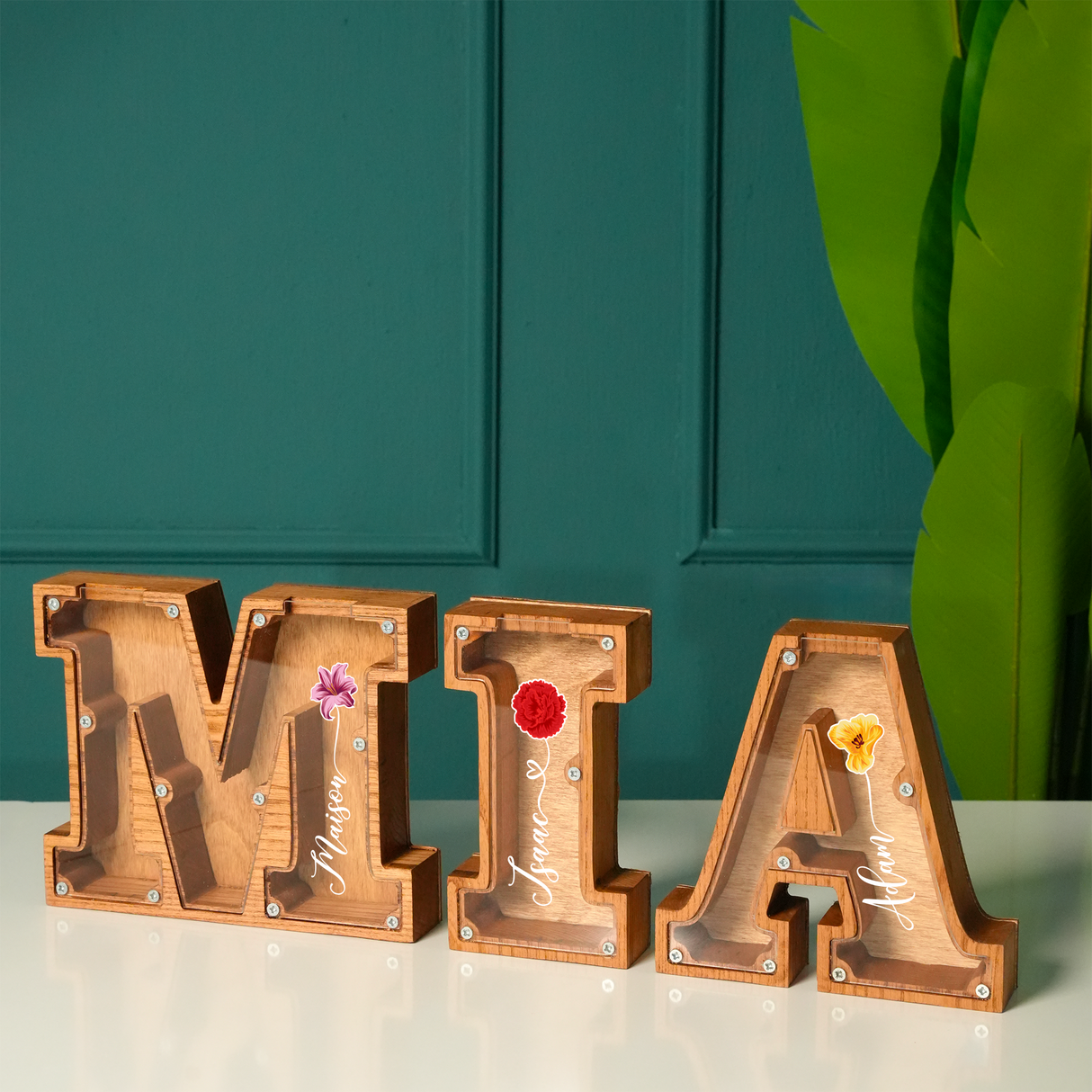 Birth Flower Letter Piggy Bank with Name: Personalized Wooden Gift for Baby Girls