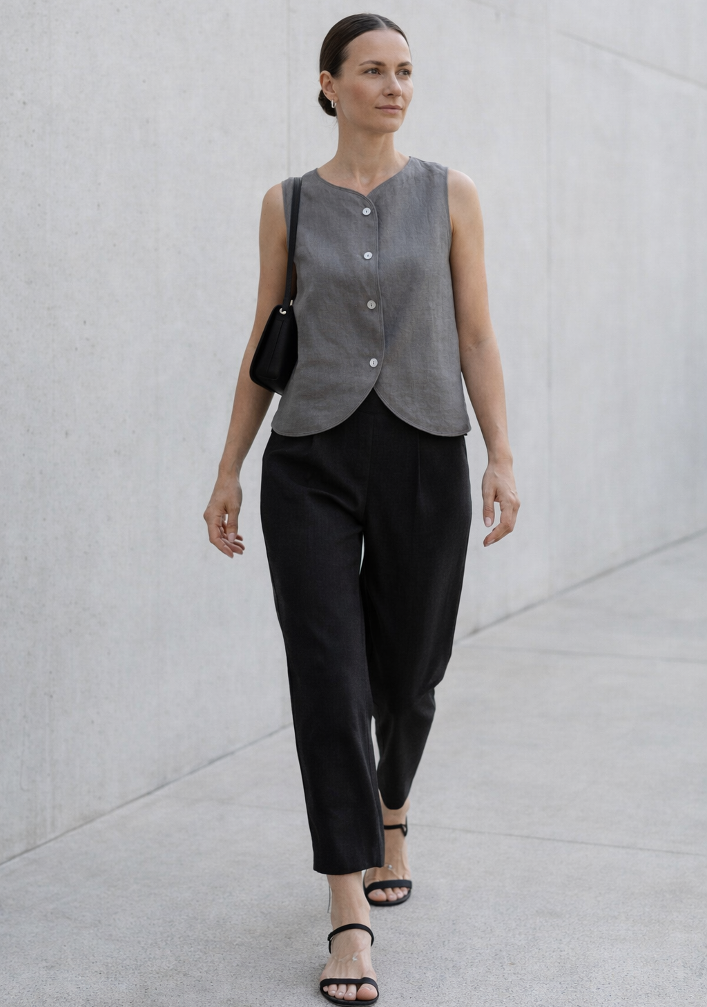 Sleeveless Linen Vest Top with Buttons: Cropped Womens Clothing