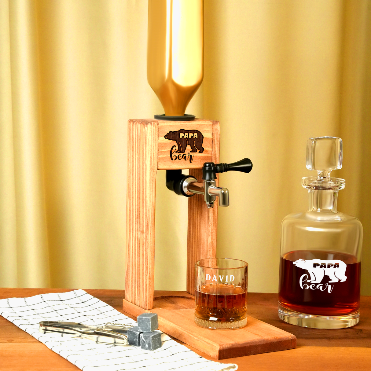 Personalized Wooden Whiskey Alcohol Dispenser with Glasses, Anniversary Gift for Him, Groomsmen Gift Idea, Dad Birthday Gift, Man Cave Decor
