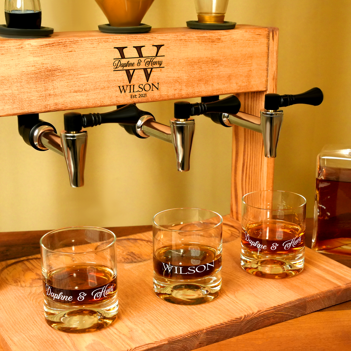 Personalized Home Bar Whiskey Dispenser, Wooden Liquor Decanter with Glasses, Gift for Husband, Anniversary Gift, Alcohol Whiskey Fountain