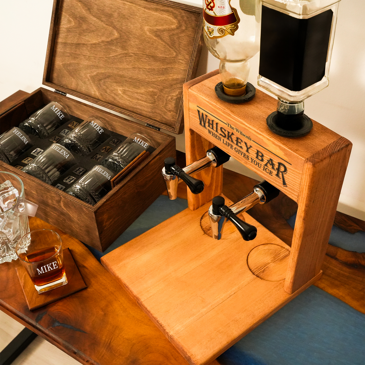 Personalized Wooden Whiskey Dispenser, Alcohol Dispenser with Glasses, Whiskey Decanter, Anniversary Gifts, New Home Gift, Whiskey Fountain