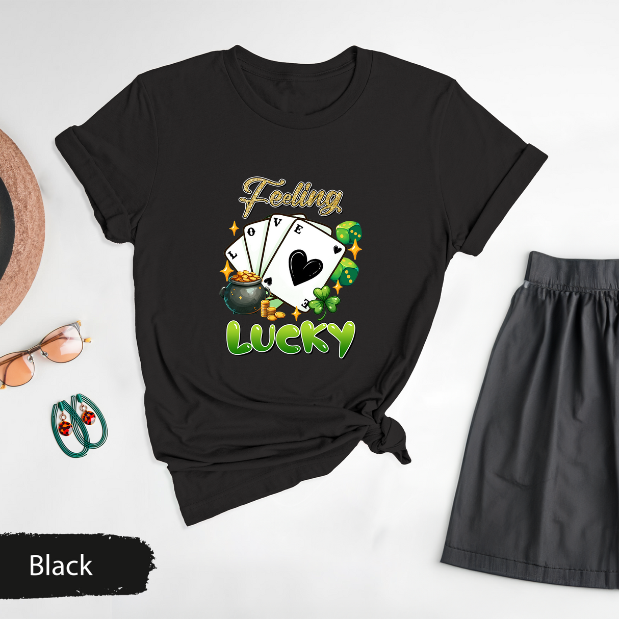 Feeling Lucky Glitter St Patricks Day Shirt, Irish Poker Cards Tee, Lucky Clover T-Shirt, Gambling Tee, St Patricks Gift, Gifts for Her