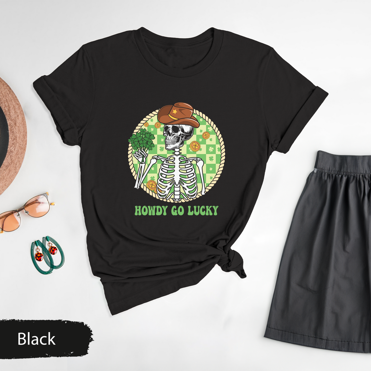 Howdy Go Lucky T-Shirt, Western St. Patricks Day Shirt, Lucky Cowboy Skeleton Tee, Funny Shamrock Irish Graphic Tees, St Paddys Day Gift