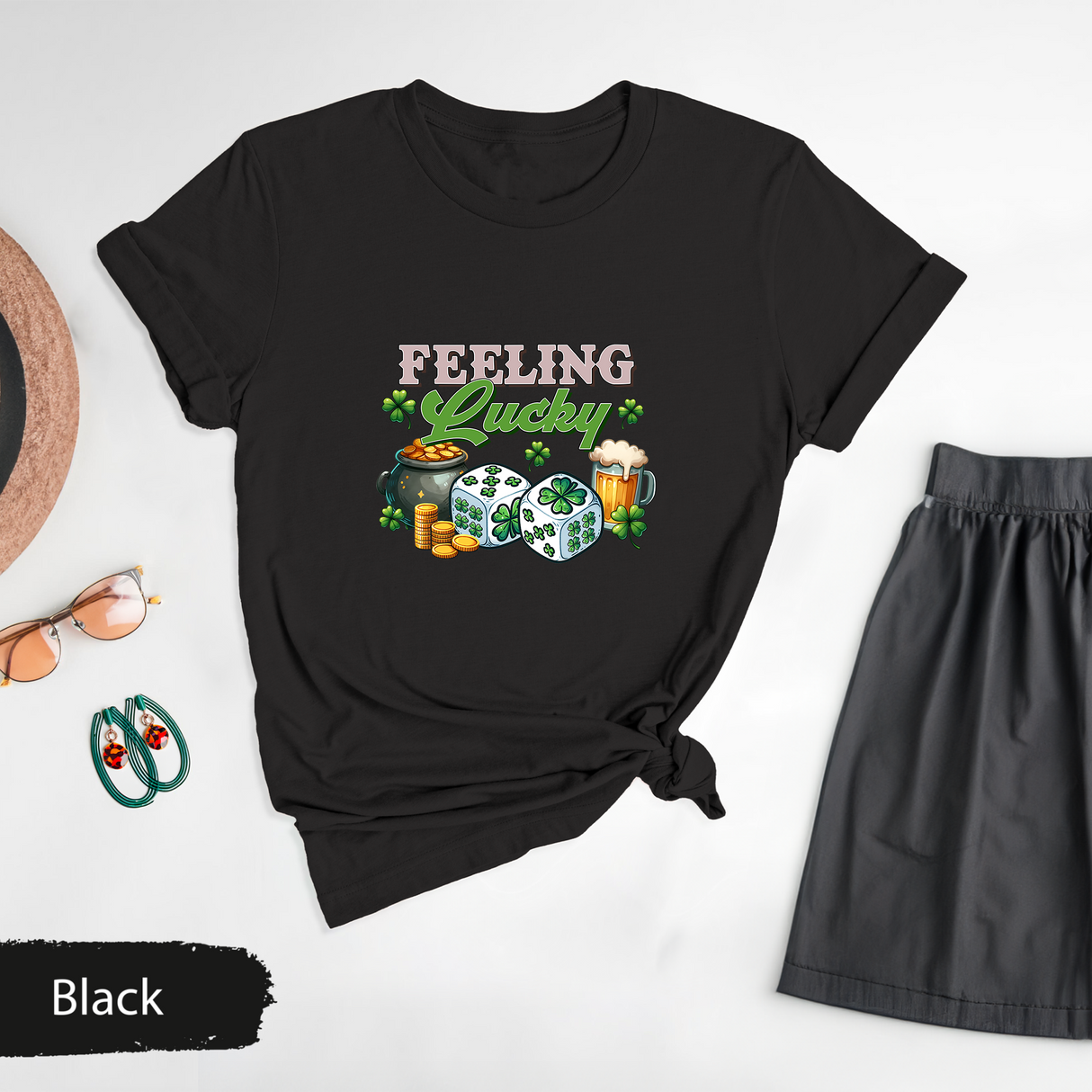 Feeling Lucky Tee, St. Patrick's Day Shirt, Irish Shamrock Tshirt, Lucky Clover T-Shirt, St. Paddy's Day Gift, Beer Gold Coins Graphic Tee