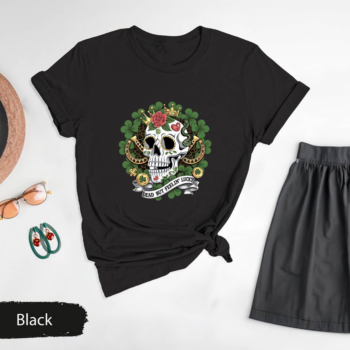 Dead But Feelin Lucky T-Shirt, Skull Clover Shirt, St Patrick's Day Tee, Lucky Skeleton Shirt, Irish Luck Graphic Tee, Gothic Skull Shirt