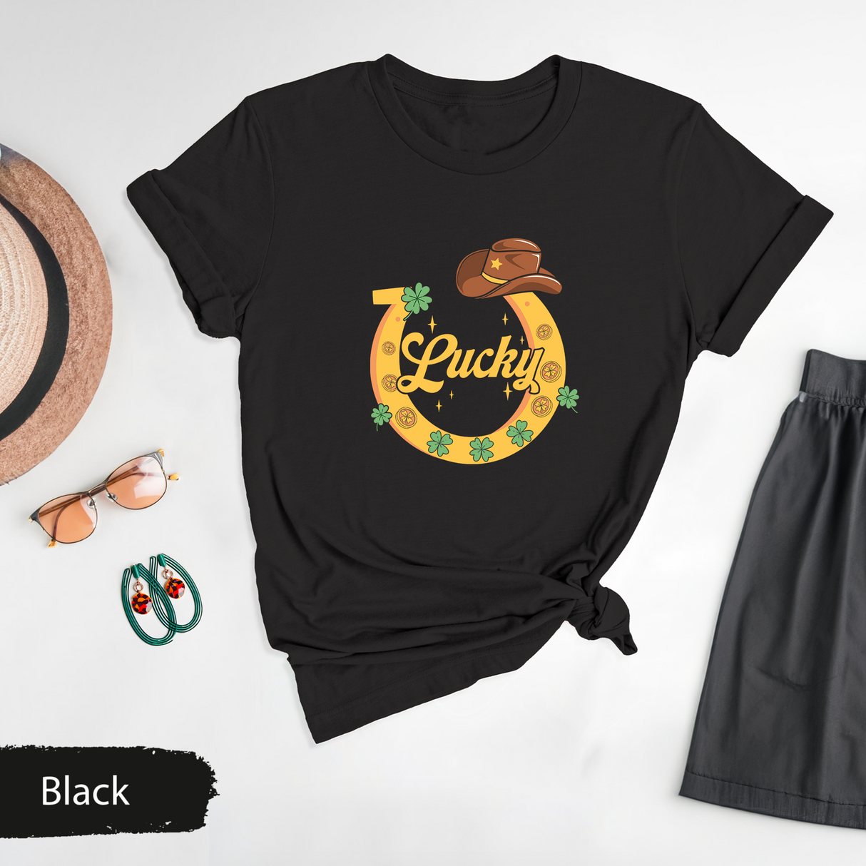 Lucky Horseshoe St. Patrick’s Day Shirt, Lucky Irish T-Shirt, Cowboy Hat Rodeo Shirt, St. Paddy’s Day, Western Cowgirl Tee, St Patricks Gift