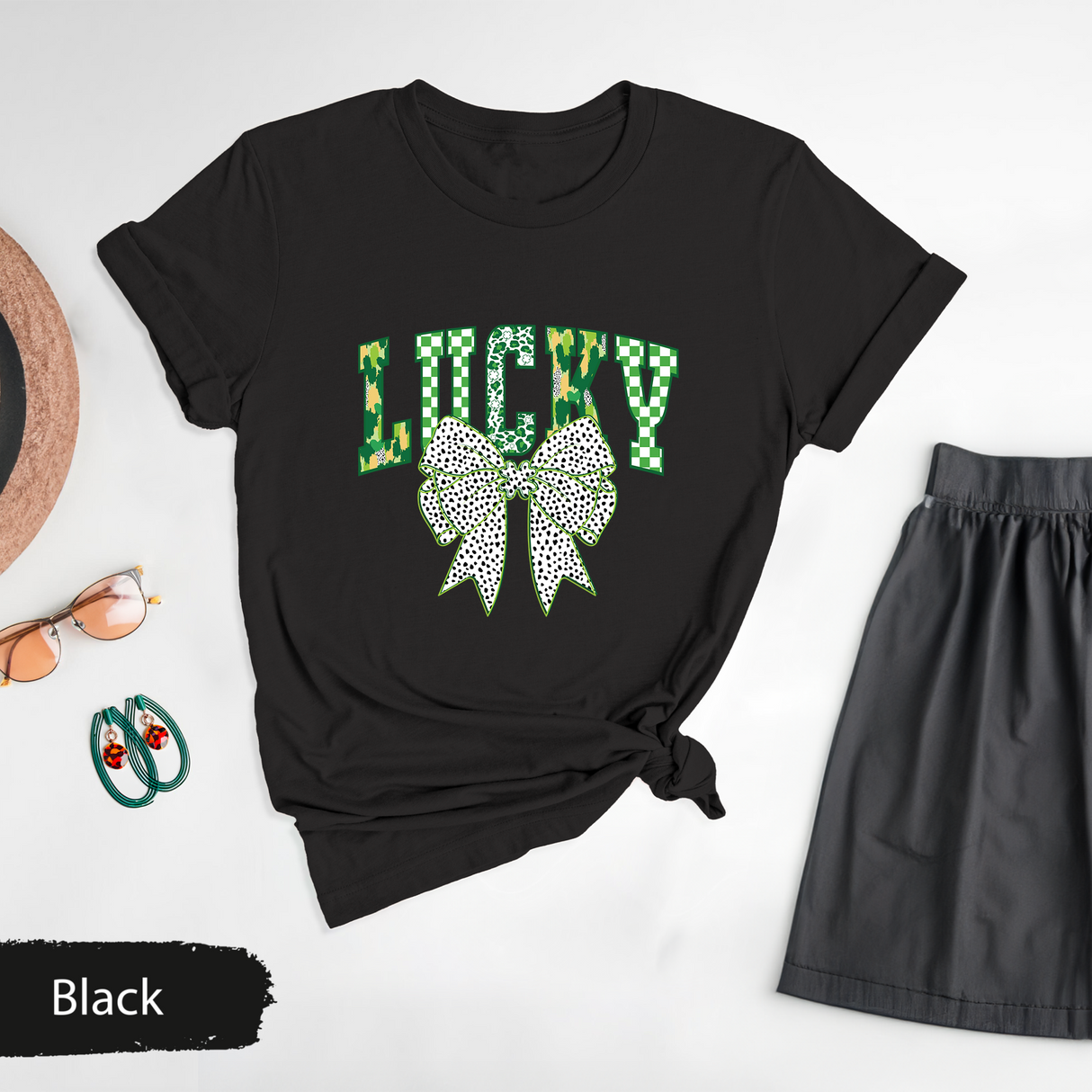 Lucky St. Patrick's Day T-Shirt, Cute Coquette Bow Tee, Irish Clover Graphic Tshirt, Leopard Lucky Print Tee, Women's St Patriks Day Gift