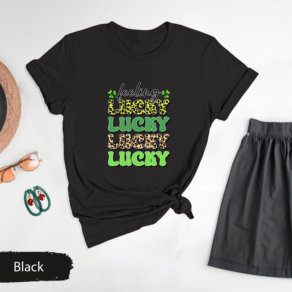 Feeling Lucky Shirt, St. Patrick’s Day Leopard Print Tee, Shamrock Lucky Graphic T-Shirt, Trendy Irish Day Gift, St Paddys Day for Womens
