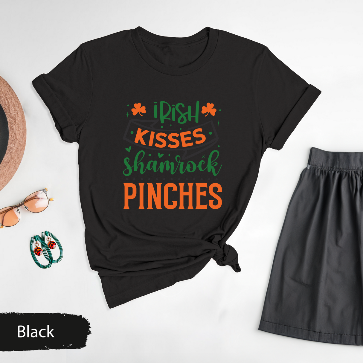 Irish Kisses Shamrock Pinches Shirt, Funny St Patricks Day Party T-Shirt, Cute Irish Day Graphic Shirt, Gift for Her, Lucky Clover Shirt
