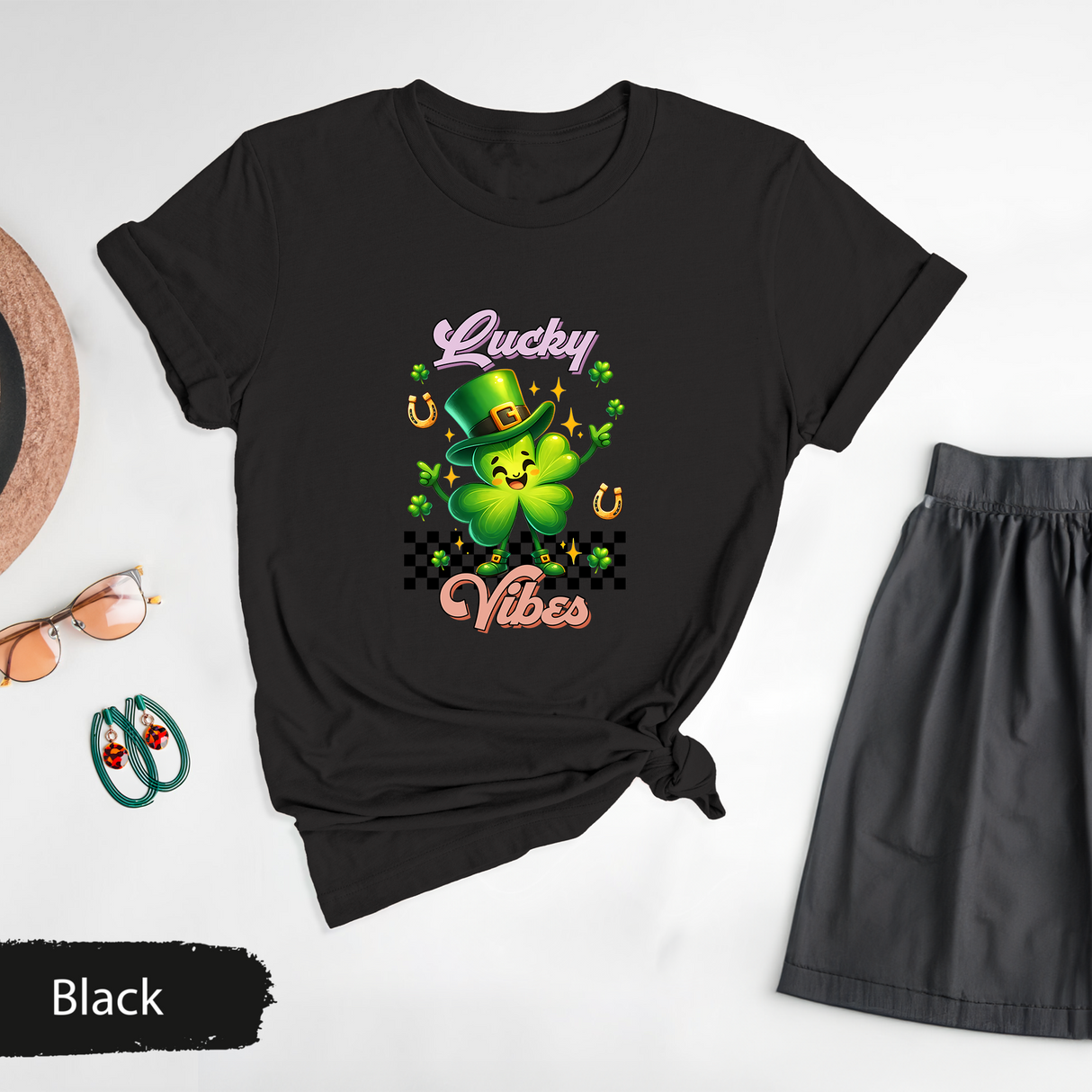 Lucky Vibes St Patricks Day Shirt, Cute Shamrock Leprechaun Tee, Irish Clover Graphic T-Shirt, Fun St. Paddys Day Shirt, Lucky Charm Gift